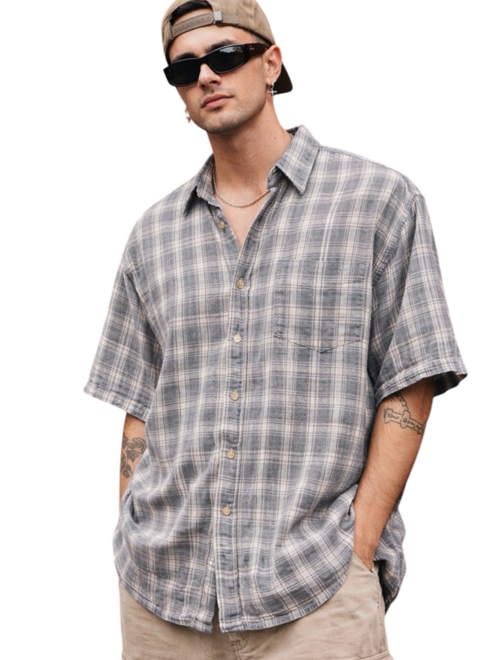 Joseph Abboud Gray Plaid Short Sleeve Button Down Shirt Cotton
Casual XXL